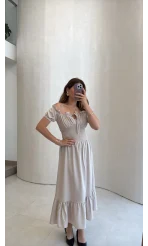Selene Beli Gipeli Tensel Elbise - Bej - Kod: 4235