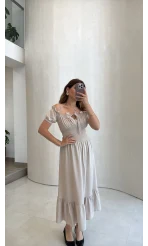 Selene Beli Gipeli Tensel Elbise - Bej - Kod: 4235