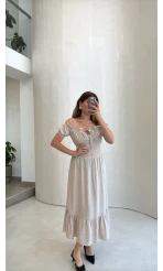 Selene Beli Gipeli Tensel Elbise - Bej - Kod: 4235