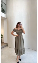 Selene Beli Gipeli Tensel Elbise - Haki - Kod: 4235