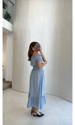Selene Beli Gipeli Tensel Elbise - Mavi - Kod: 4235