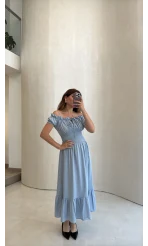 Selene Beli Gipeli Tensel Elbise - Mavi - Kod: 4235