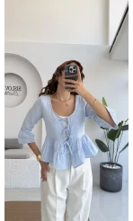 1013 - Seren Katlı Bağlamalı Bluz - Bebe Mavisi