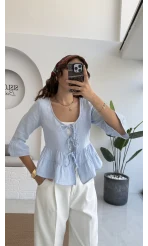 1013 - Seren Katlı Bağlamalı Bluz - Bebe Mavisi