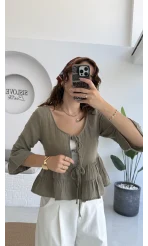 1013 - Seren Katlı Bağlamalı Bluz - Haki