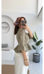 1013 - Seren Katlı Bağlamalı Bluz - Haki