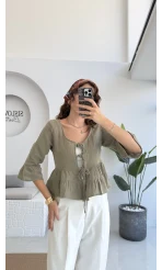 1013 - Seren Katlı Bağlamalı Bluz - Haki