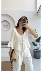 1013 - Seren Katlı Bağlamalı Bluz - Kırık Beyaz