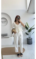 1013 - Seren Katlı Bağlamalı Bluz - Kırık Beyaz