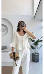 1013 - Seren Katlı Bağlamalı Bluz - Kırık Beyaz