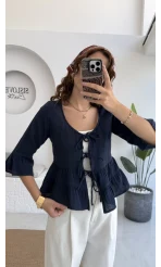 1013 - Seren Katlı Bağlamalı Bluz - Lacivert