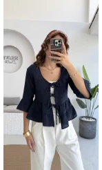 1013 - Seren Katlı Bağlamalı Bluz - Lacivert