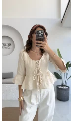 1013 - Seren Katlı Bağlamalı Bluz - Taş