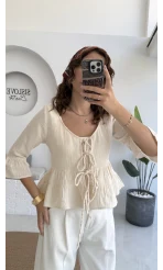 1013 - Seren Katlı Bağlamalı Bluz - Taş