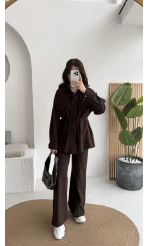 Serena Bağcıklı Gömlek Pantolon Takım - Acı Kahve - Kod: 8899