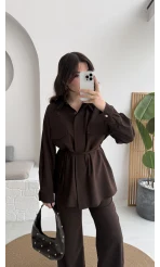 Serena Bağcıklı Gömlek Pantolon Takım - Acı Kahve - Kod: 8899