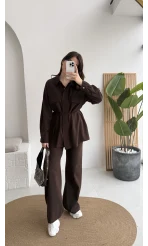 Serena Bağcıklı Gömlek Pantolon Takım - Acı Kahve - Kod: 8899