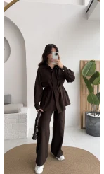 Serena Bağcıklı Gömlek Pantolon Takım - Acı Kahve - Kod: 8899