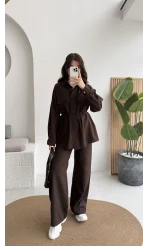 Serena Bağcıklı Gömlek Pantolon Takım - Acı Kahve - Kod: 8899