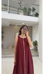 Şerit Detay Elbise Bordo