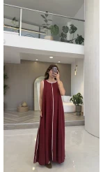 Şerit Detay Elbise Bordo