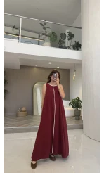 Şerit Detay Elbise Bordo