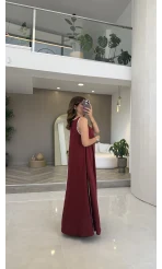 Şerit Detay Elbise Bordo
