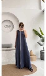 Şerit Detay Elbise Lacivert