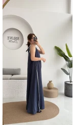 Şerit Detay Elbise Lacivert