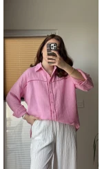Şerit Detay Pembe Gömlek - 2044