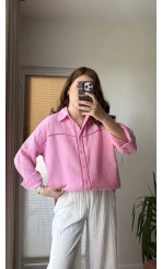Şerit Detay Pembe Gömlek - 2044