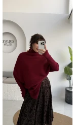 Shirley Asimetrik Kesim Boğazlı Triko Panço - Bordo