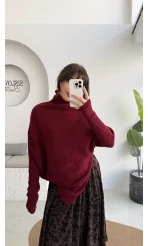 Shirley Asimetrik Kesim Boğazlı Triko Panço - Bordo