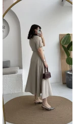 Sia Kısa Kol Kemerli Elbise - Taş - Kod: 2341