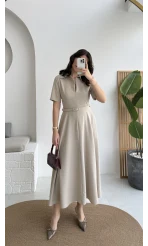 Sia Kısa Kol Kemerli Elbise - Taş - Kod: 2341