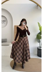 Sienna Ekose Desenli Kemerli Midi Boy Etek - Taş-Kahve - Kod: 9105