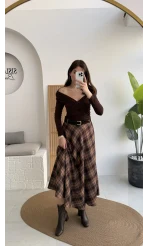 Sienna Ekose Desenli Kemerli Midi Boy Etek - Taş-Kahve - Kod: 9105