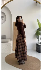 Sienna Ekose Desenli Kemerli Midi Boy Etek - Taş-Kahve - Kod: 9105