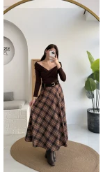 Sienna Ekose Desenli Kemerli Midi Boy Etek - Taş-Kahve - Kod: 9105