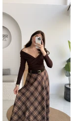 Sienna Ekose Desenli Kemerli Midi Boy Etek - Taş-Kahve - Kod: 9105