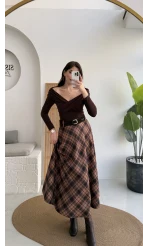 Sienna Ekose Desenli Kemerli Midi Boy Etek - Taş-Kahve - Kod: 9105