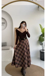 Sienna Ekose Desenli Kemerli Midi Boy Etek - Taş-Kahve - Kod: 9105