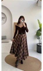 Sienna Ekose Desenli Kemerli Midi Boy Etek - Taş-Kahve - Kod: 9105