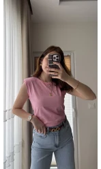 Sıfır Kol Vatkalı T-Shirt Pembe