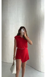 Sıfır Kol Yarım Fermuarlı Etek Takım - Kırmızı - Kod: 4175