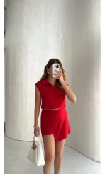 Sıfır Kol Yarım Fermuarlı Etek Takım - Kırmızı - Kod: 4175