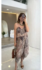 Şifon Desenli Askılı Bluz Şalvar Takım - Camel - Kod: 51409