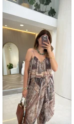 Şifon Desenli Askılı Bluz Şalvar Takım - Camel - Kod: 51409