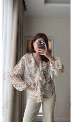 Şifon Fırfır Detay Bluz Krem