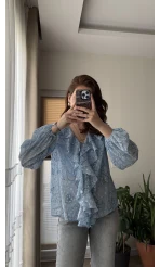 Şifon Fırfır Detay Bluz Mavi